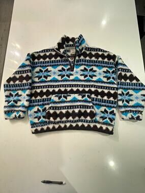 OFFL/NE by Aerie Fair Isle Sherpa Quarter Zip Fleece Pullover Sweater Blue XL